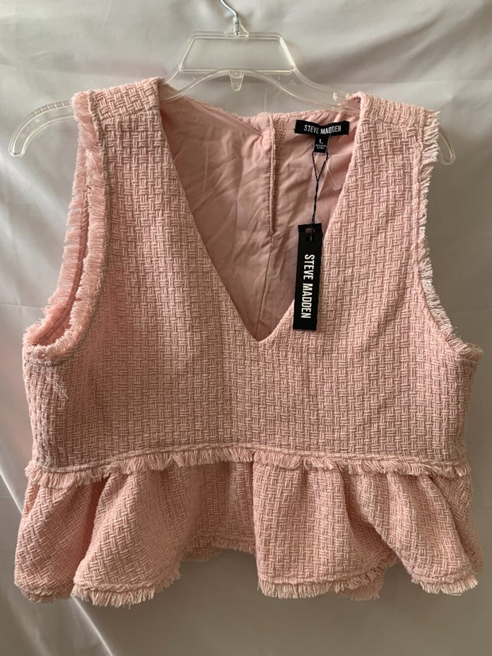STEVE MADDEN Camilla Tweed Peplum Top in Pastel Pink Sz LARGE